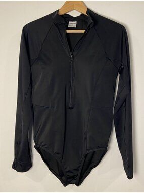Lands' End One Piece Bathing Suit Rash Guard Swim Zip Black Size 12
